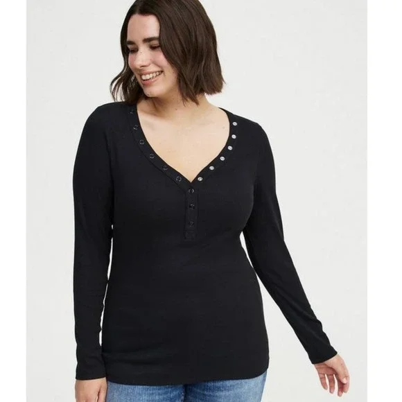 Torrid Ribbed Henley Long Sleeve Top Womens Size 0 Large Black Stretch NWT - Picture 1 of 7